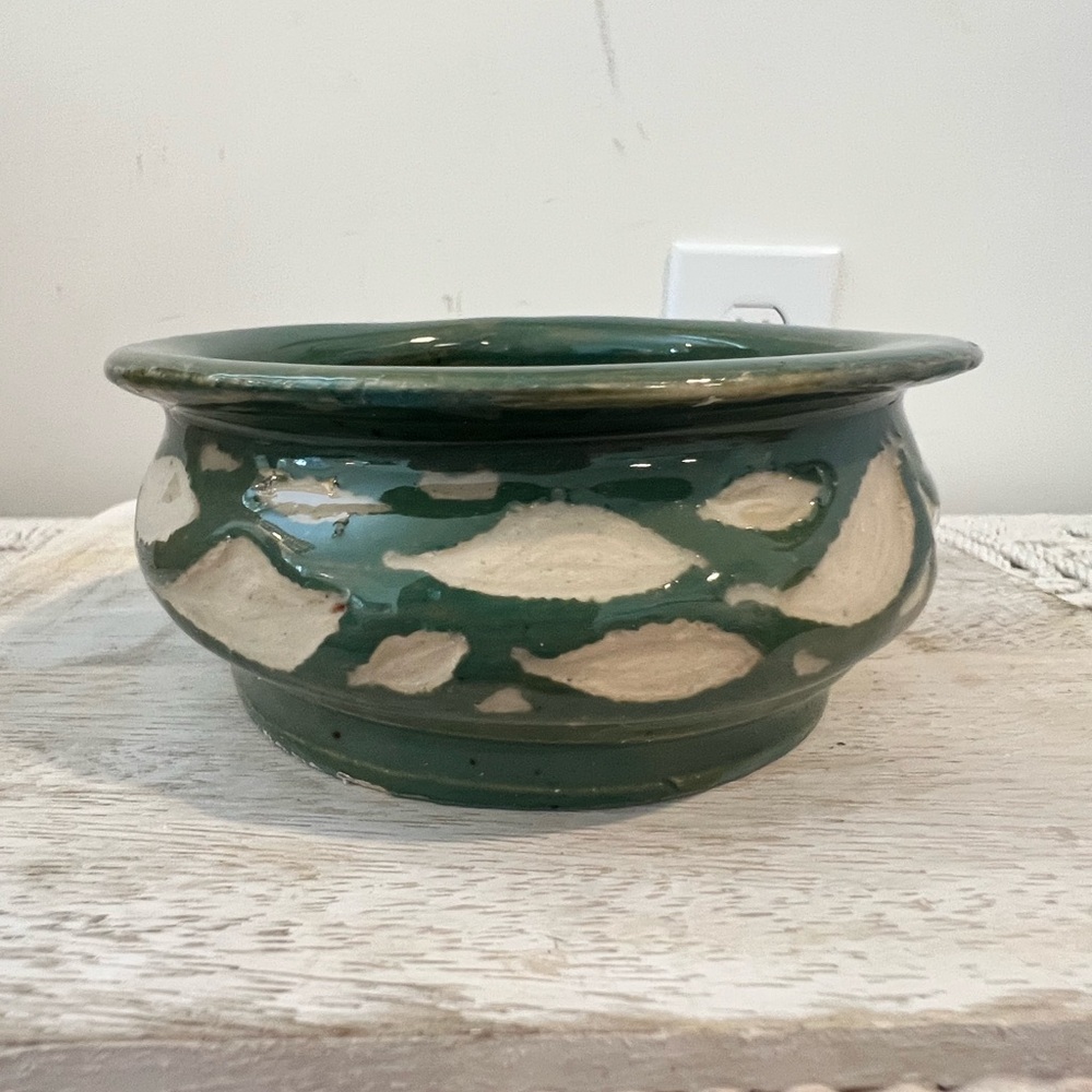Hand Made Signed Green and Cream Ceramic Bowl